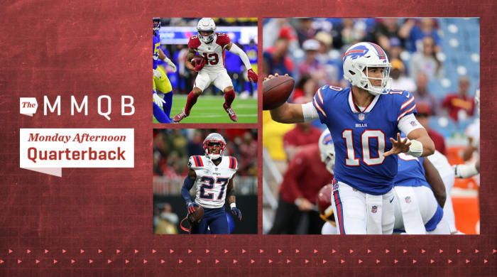 Bills brought in Mitch Trubisky to finish the game against Washington; New England Patriots cornerback J.C. Jackson (27) celebrates after an interception against the Atlanta Falcons; Arizona Cardinals wide receiver Christian Kirk (13) runs the ball against the Los Angeles Rams;